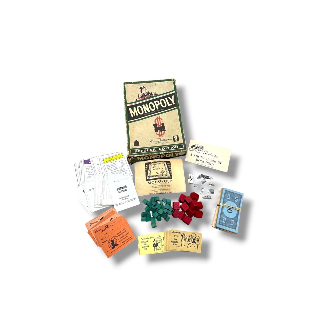 Vintage Parker Brothers Monopoly Popular Edition Green Box Game Parts No Board